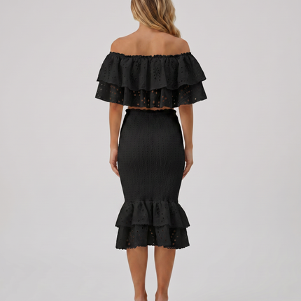Liorah | Embroidered Ruffle Top and Midi Skirt Set