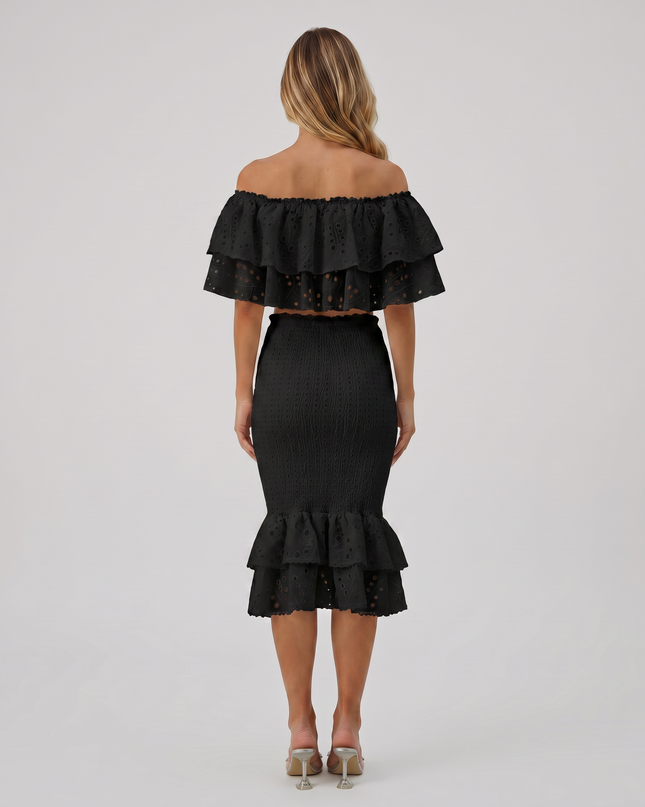 Liorah | Embroidered Ruffle Top and Midi Skirt Set