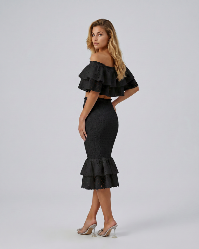 Liorah | Embroidered Ruffle Top and Midi Skirt Set