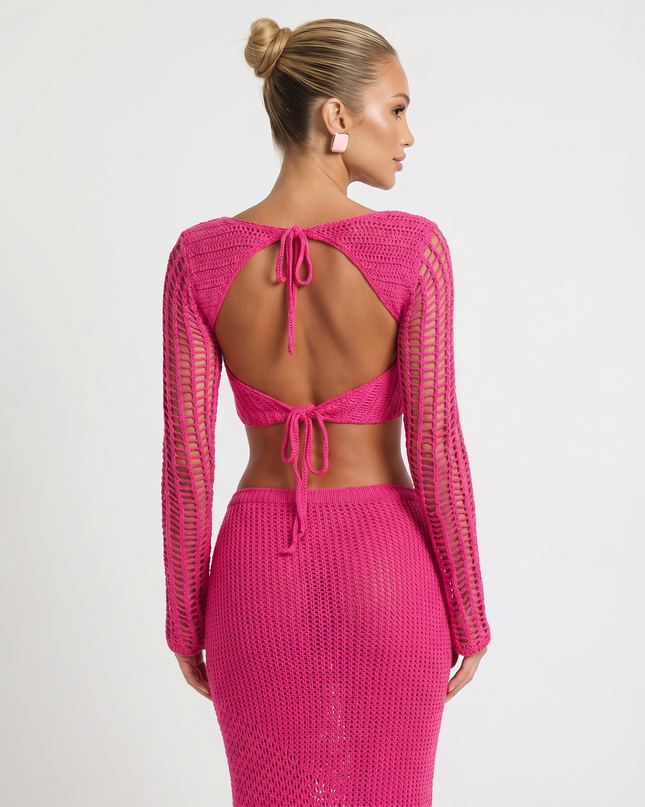 Reba | Crochet Knit Two-Piece Set with Long Sleeve Top