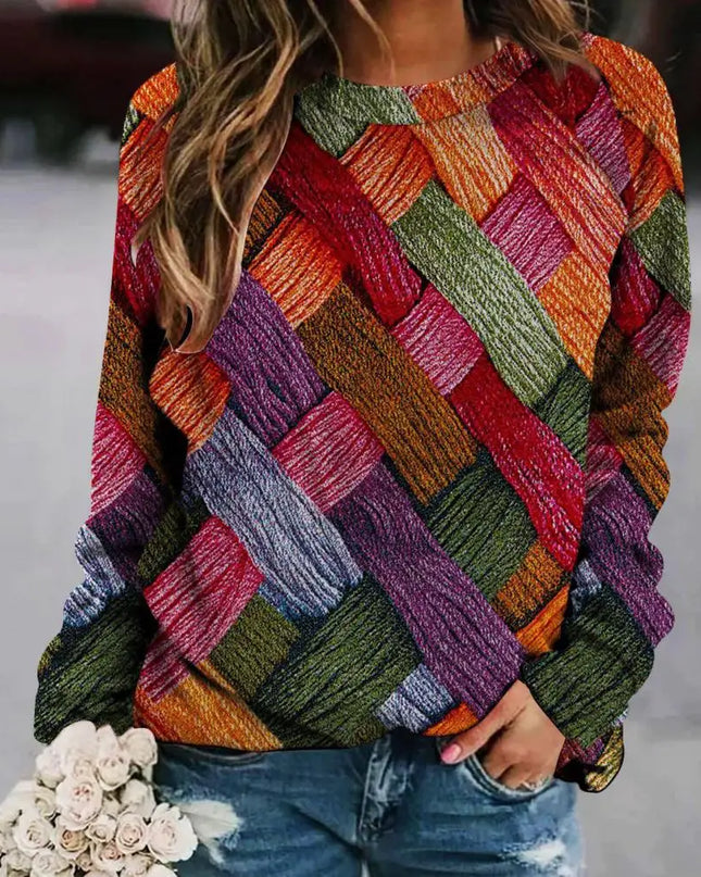 Women's Sweater with Colorful Patchwork and Round Neck