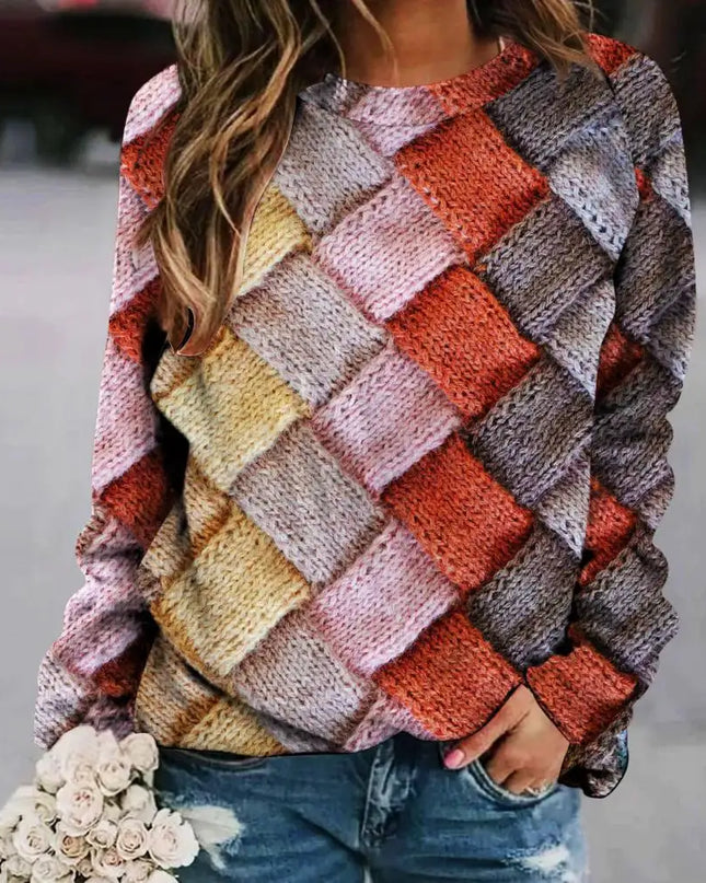 Women's Sweater with Colorful Patchwork and Round Neck