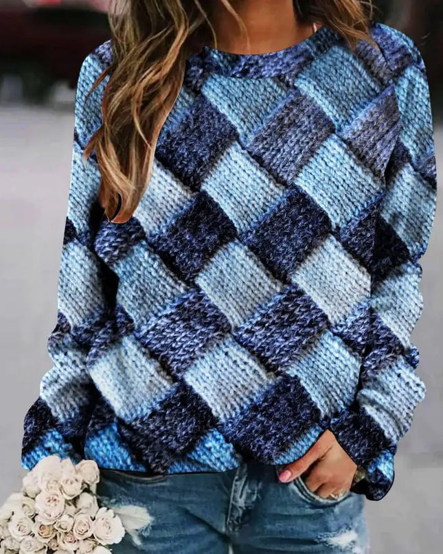 Women's Sweater with Colorful Patchwork and Round Neck