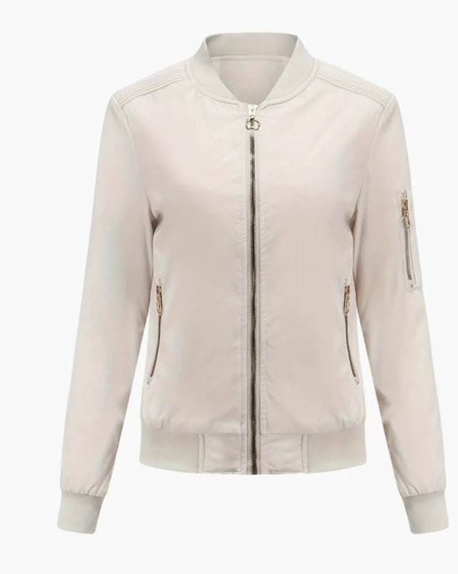 Women’s Bomber Jacket with Baseball Collar and Zipper Pocket