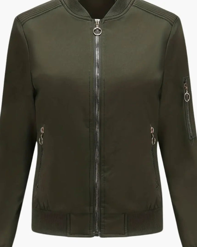 Women’s Bomber Jacket with Baseball Collar and Zipper Pocket