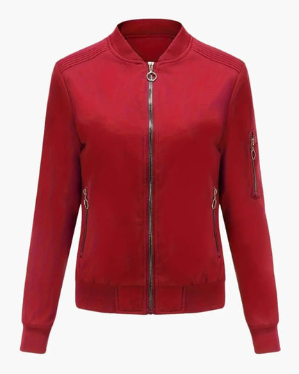 Women’s Bomber Jacket with Baseball Collar and Zipper Pocket