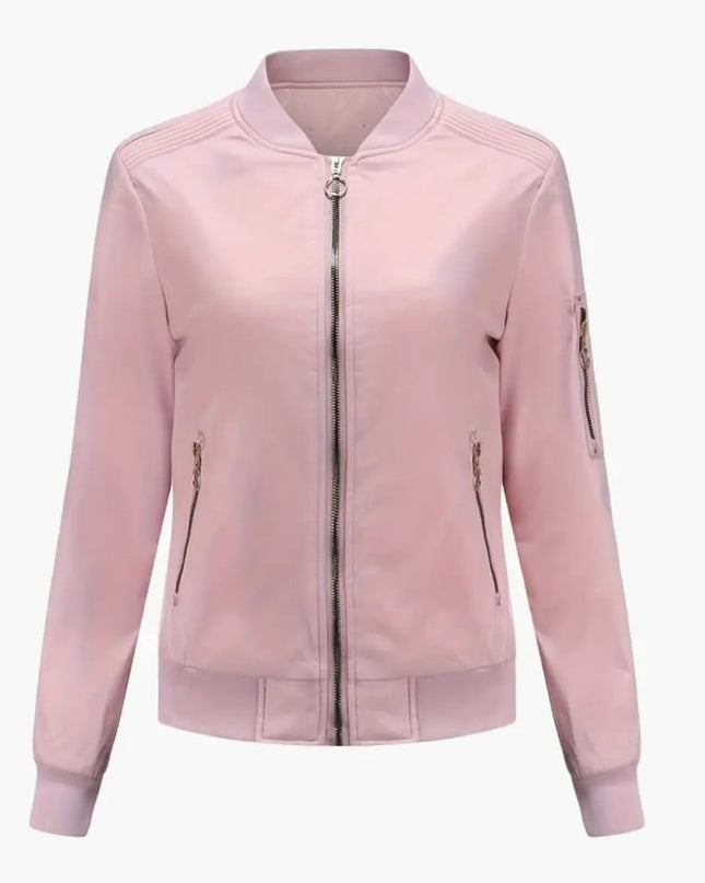 Women’s Bomber Jacket with Baseball Collar and Zipper Pocket