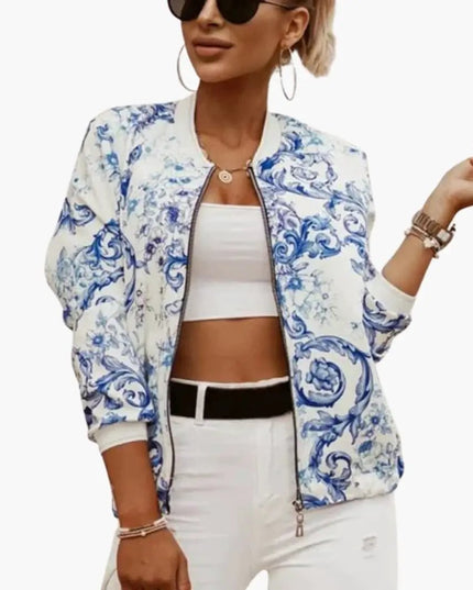 Women’s Bomber Jacket with Front Zip-Round Collar and Side Pockets