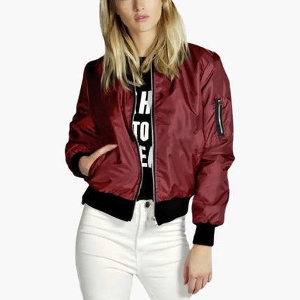 Women’s Bomber Jacket with Front Zip and Round Neck