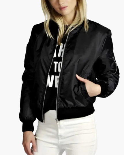 Women’s Bomber Jacket with Front Zip and Round Neck