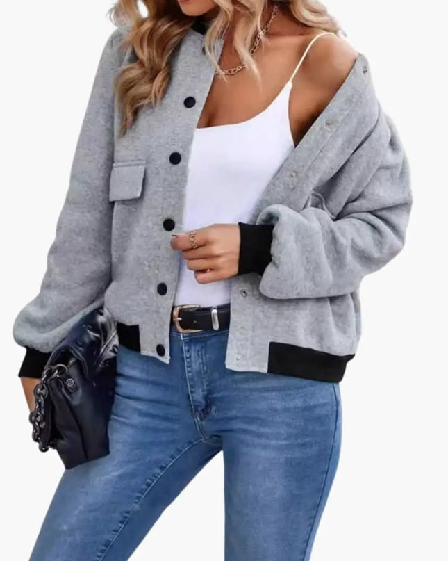 Women’s Bomber Jacket with Pockets and Contrasting Collar