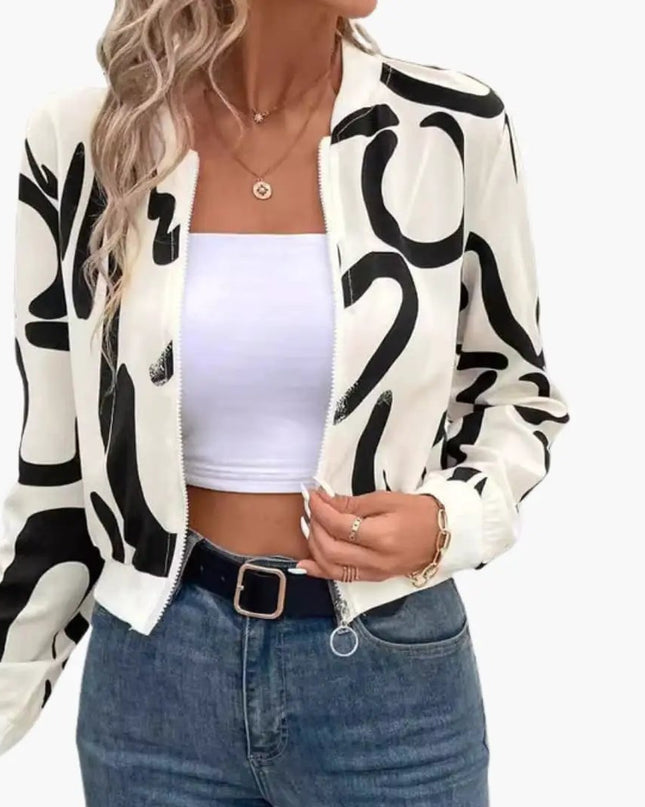 Women’s Bomber Jacket with Zip Front and Printed Surface