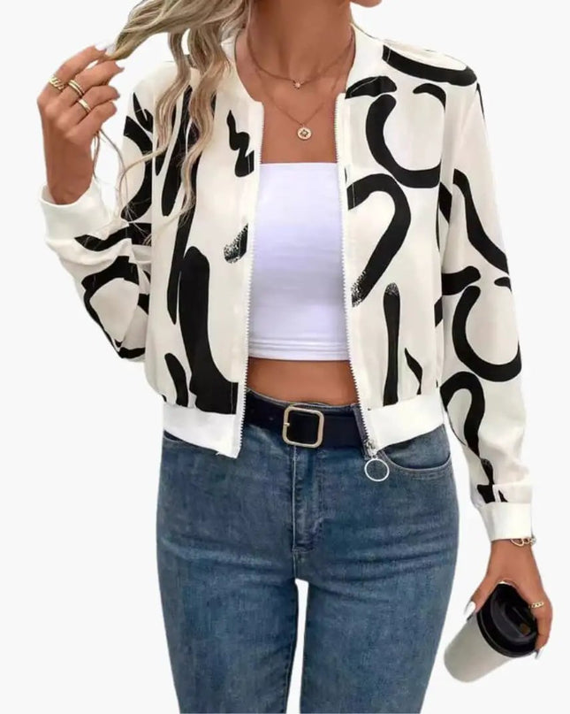 Women’s Bomber Jacket with Zip Front and Printed Surface