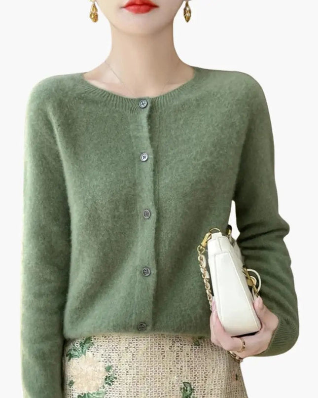 Women’s Button Front Cardigan with Round Neck and Long Sleeves