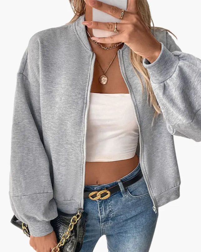 Women’s Casual Bomber Jacket with Voluminous Sleeves and Zipper