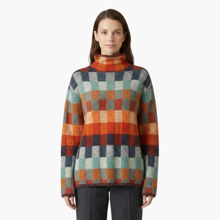 Women's Checkered Knit Turtleneck Sweater with Relaxed Fit