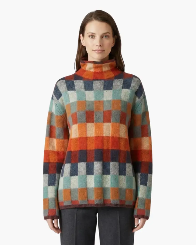 Women's Checkered Knit Turtleneck Sweater with Relaxed Fit