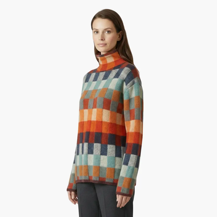 Women's Checkered Knit Turtleneck Sweater with Relaxed Fit