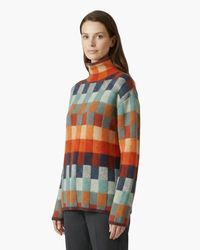 Women's Checkered Knit Turtleneck Sweater with Relaxed Fit