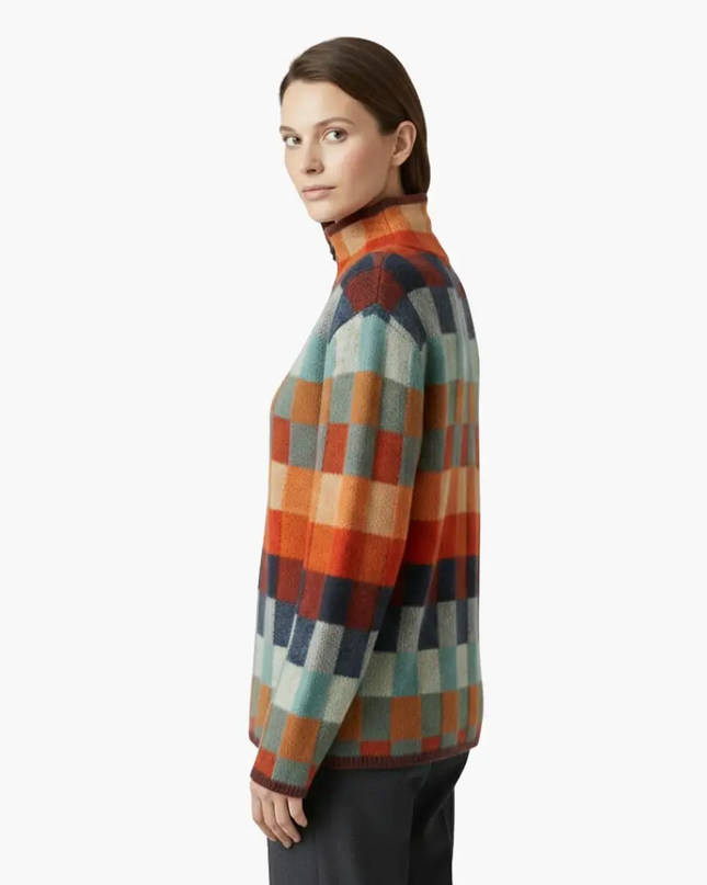 Women's Checkered Knit Turtleneck Sweater with Relaxed Fit