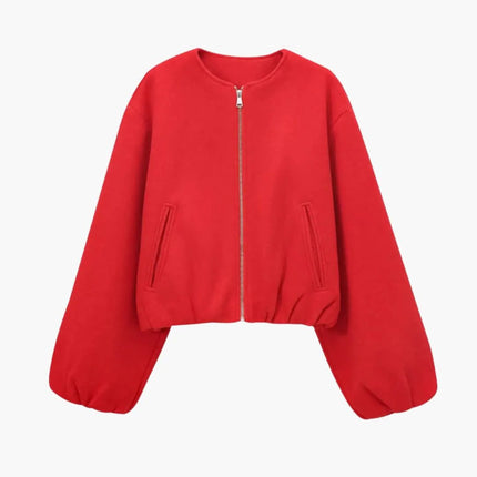 Women’s Cropped Bomber Jacket with Zipper and Elastic Waist