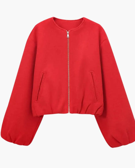 Women’s Cropped Bomber Jacket with Zipper and Elastic Waist