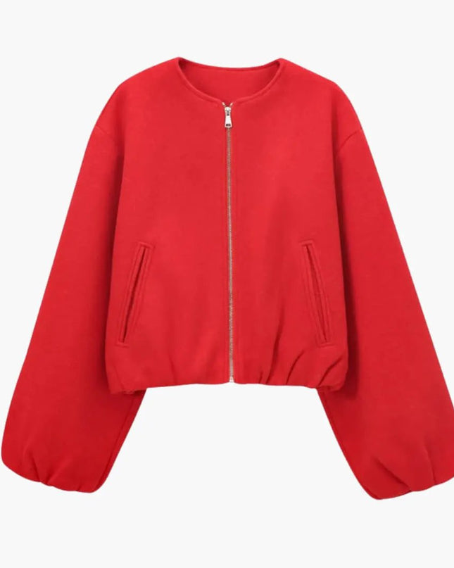 Women’s Cropped Bomber Jacket with Zipper and Elastic Waist