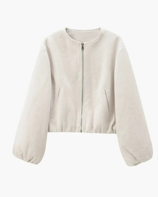 Women’s Cropped Bomber Jacket with Zipper and Elastic Waist
