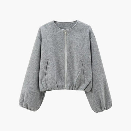 Women’s Cropped Bomber Jacket with Zipper and Elastic Waist