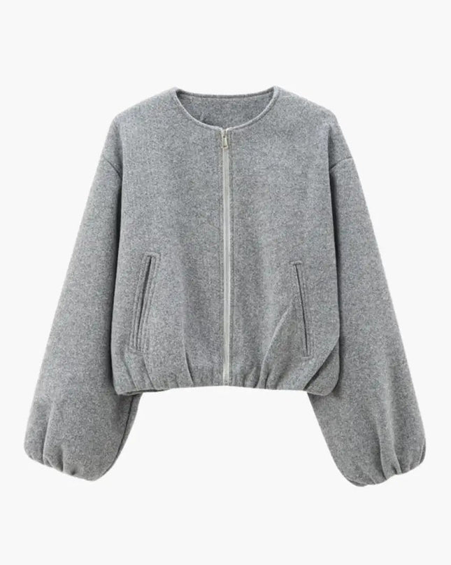 Women’s Cropped Bomber Jacket with Zipper and Elastic Waist