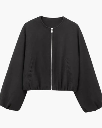 Women’s Cropped Bomber Jacket with Zipper and Elastic Waist