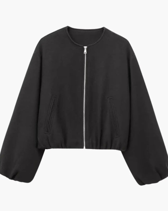 Women’s Cropped Bomber Jacket with Zipper and Elastic Waist
