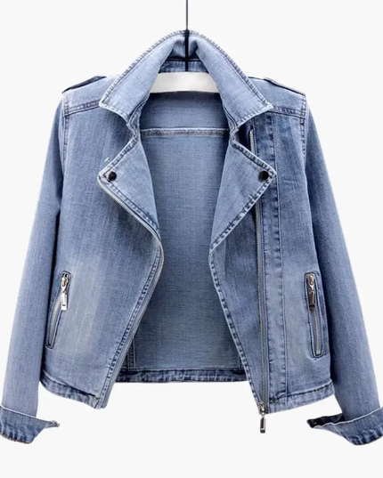 Women’s Denim Jacket with Lapel Collar and Zipper Pockets
