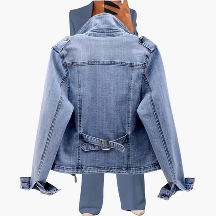 Women’s Denim Jacket with Lapel Collar and Zipper Pockets