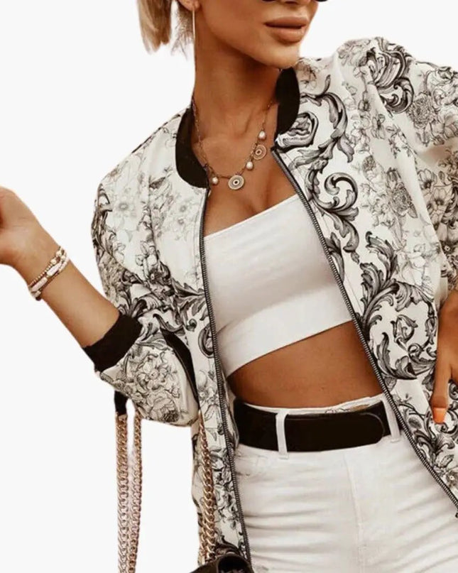 Women’s Fashion Bomber Jacket with Round Collar and Zipper