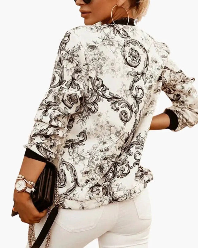 Women’s Fashion Bomber Jacket with Round Collar and Zipper