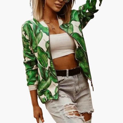 Women’s Fashion Bomber Jacket with Round Collar and Zipper