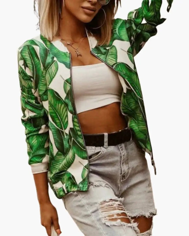 Women’s Fashion Bomber Jacket with Round Collar and Zipper