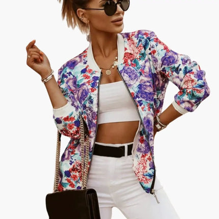 Women’s Fashion Bomber Jacket with Round Collar and Zipper
