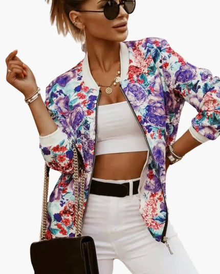 Women’s Fashion Bomber Jacket with Round Collar and Zipper