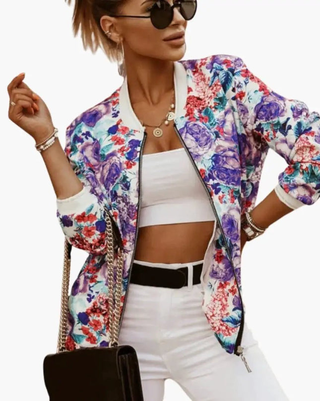 Women’s Fashion Bomber Jacket with Round Collar and Zipper