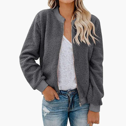 Women’s Fleece Bomber Jacket with Zip and Stand-Up Collar