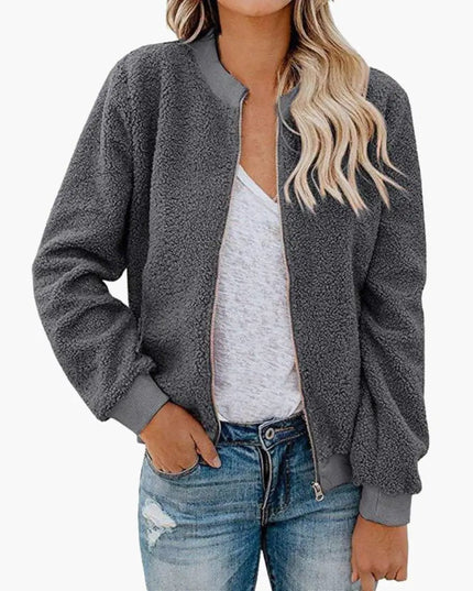Women’s Fleece Bomber Jacket with Zip and Stand-Up Collar