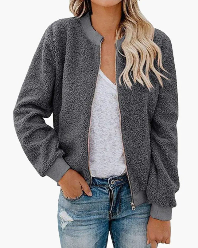 Women’s Fleece Bomber Jacket with Zip and Stand-Up Collar