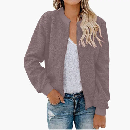 Women’s Fleece Bomber Jacket with Zip and Stand-Up Collar