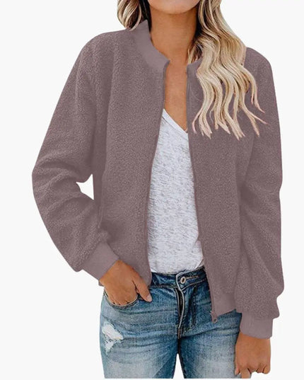 Women’s Fleece Bomber Jacket with Zip and Stand-Up Collar