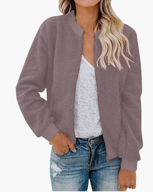 Women’s Fleece Bomber Jacket with Zip and Stand-Up Collar