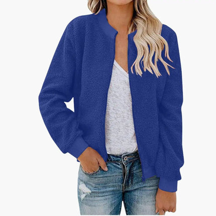 Women’s Fleece Bomber Jacket with Zip and Stand-Up Collar