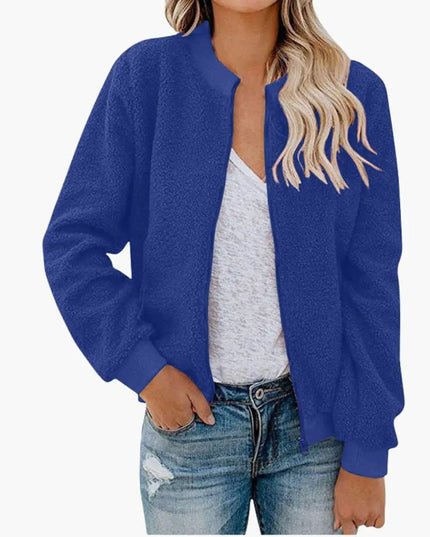Women’s Fleece Bomber Jacket with Zip and Stand-Up Collar