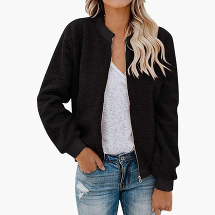 Women’s Fleece Bomber Jacket with Zip and Stand-Up Collar